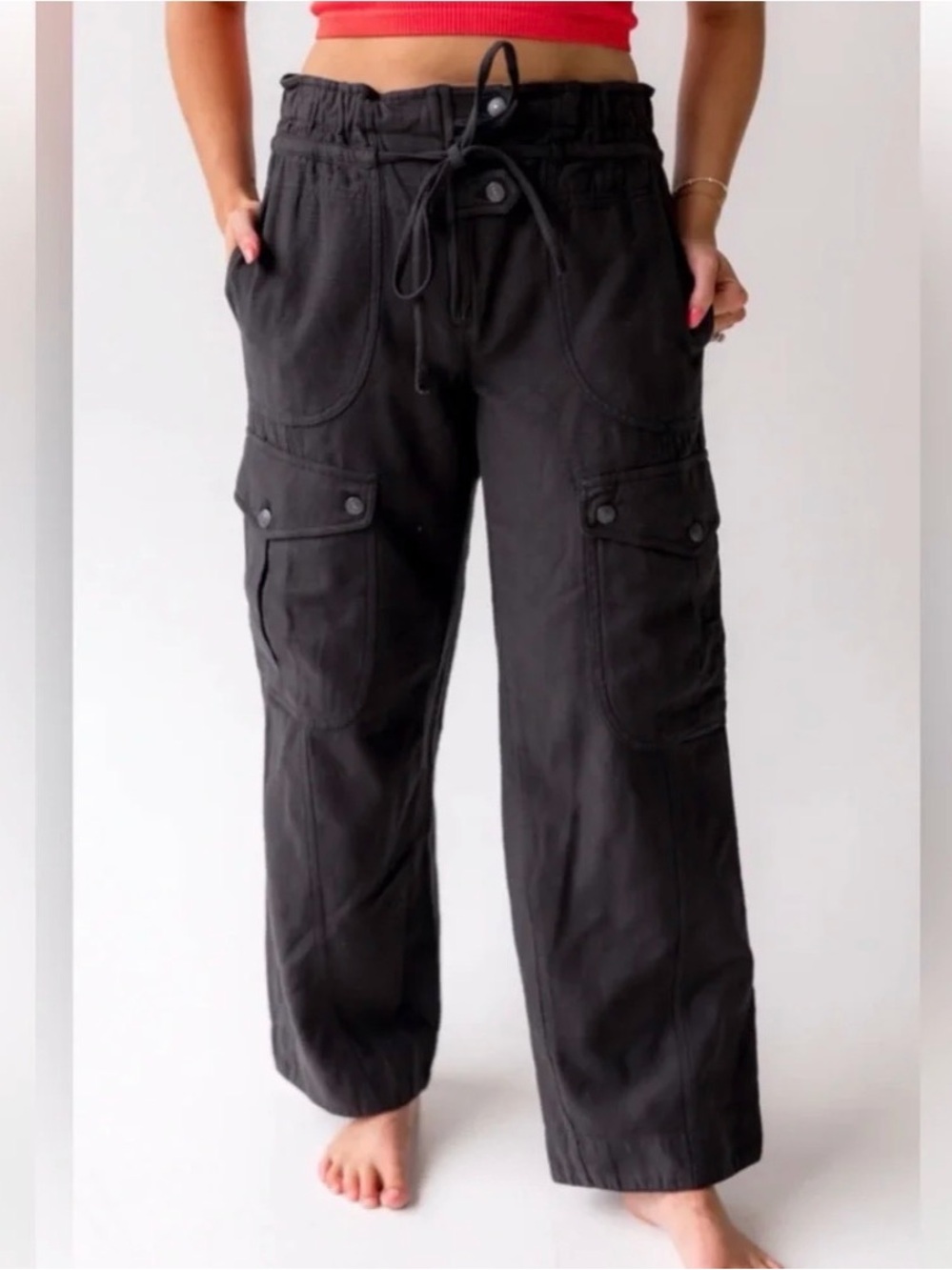 We The Free Black Utility Cargo Pants with Drawstring Waist
